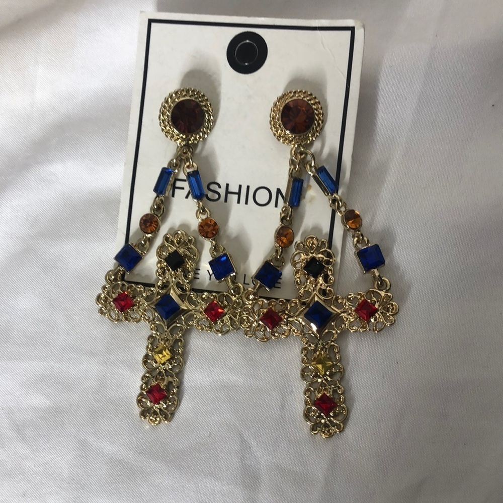 Fashion gem gold cross earrings
